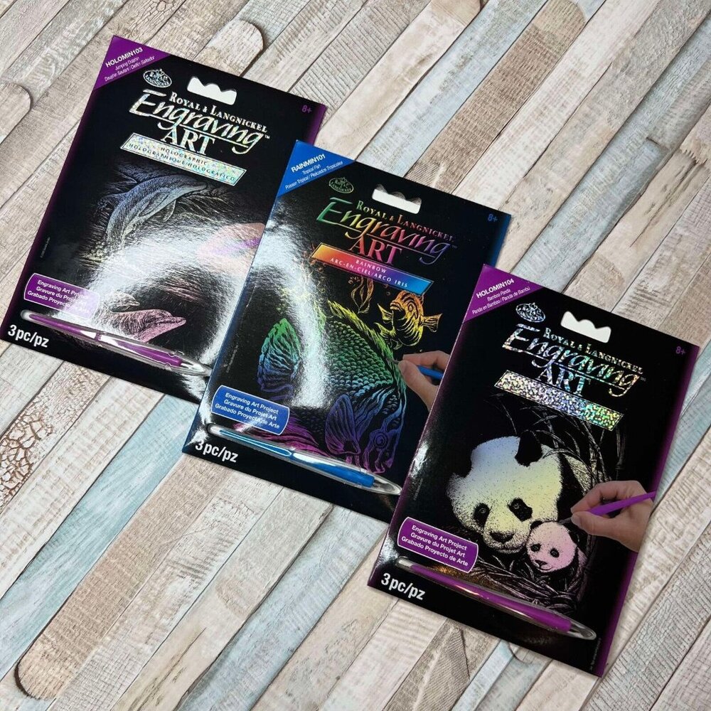 New Engraving Art Project Rainbow Holographic 3 Pack Fish Panda Dolphin